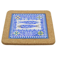 Load image into Gallery viewer, Portuguese Cork & Ceramic Tile Trivet with Azulejo Sardine Design