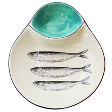 Load image into Gallery viewer, Portuguese Ceramic Olive Dish with Sardine Design and Pit Holder - Green