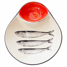 Load image into Gallery viewer, Portuguese Ceramic Olive Dish with Sardine Design and Pit Holder - Red
