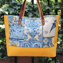 Load image into Gallery viewer, Praceta Lisboa Yellow Canvas Tote Bag with Blue Azulejo Tile Design and Leather Straps