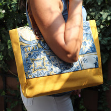 Load image into Gallery viewer, Praceta Lisboa Yellow Canvas Tote Bag with Blue Azulejo Tile Design and Leather Straps