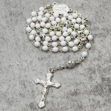 Load image into Gallery viewer, White Glass Bead Rosary with Silver Crucifix and Fatima Medal