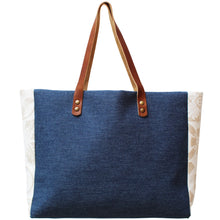 Load image into Gallery viewer, Praceta Lisboa Blue Canvas Tote Bag with Cream Azulejo Tile Design and Leather Straps