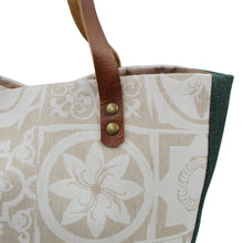 Load image into Gallery viewer, Canvas Tote Bag with Beige Azulejo Tile Pattern, Green Bottom, and Leather Straps