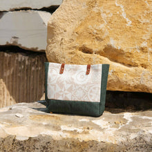 Load image into Gallery viewer, Canvas Tote Bag with Beige Azulejo Tile Pattern, Green Bottom, and Leather Straps