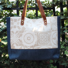 Load image into Gallery viewer, Praceta Lisboa Blue Canvas Tote Bag with Cream Azulejo Tile Design and Leather Straps
