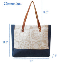 Load image into Gallery viewer, Praceta Lisboa Blue Canvas Tote Bag with Cream Azulejo Tile Design and Leather Straps