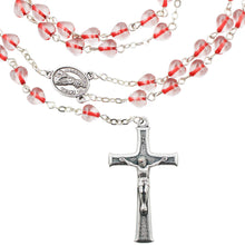 Load image into Gallery viewer, Our Lady of Fatima Rosary – 6mm Red & Clear Glass Heart-Shaped Beads with Silver Tone Crucifix and Fatima Medallion