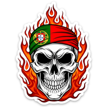 Load image into Gallery viewer, Portugal Skull Flame Stickers – Skull with Portuguese Flag Bandana Design, Set of 3