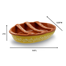 Load image into Gallery viewer, Hand-Painted Terracotta Sausage Roaster Blue or Yellow Design