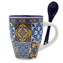Load image into Gallery viewer, Traditional Portuguese Blue & Orange Tile Azulejo Ceramic Mug with Spoon