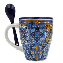 Load image into Gallery viewer, Traditional Portuguese Blue & Orange Tile Azulejo Ceramic Mug with Spoon