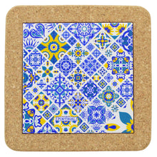 Load image into Gallery viewer, Portuguese Cork & Ceramic Tile Trivet with Blue and Yellow Azulejo Design