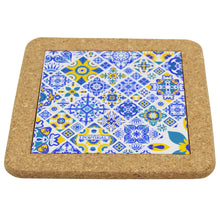Load image into Gallery viewer, Portuguese Cork & Ceramic Tile Trivet with Blue and Yellow Azulejo Design