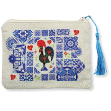 Load image into Gallery viewer, Portuguese Burlap Pouch with Barcelos Rooster & Azulejo Tile Design with Blue Tassel