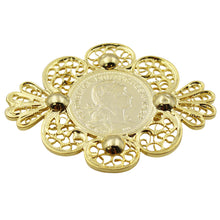 Load image into Gallery viewer, Portuguese Filigree Pin with Replica Gold Coin Design – Gold Color