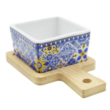 Load image into Gallery viewer, Portuguese Azulejo Style Sauce & Snack Dish with Wooden Serving Tray, Blue & Yellow