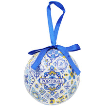 Load image into Gallery viewer, Portugal Christmas Ornament Ball with Blue and Yellow Azulejo Tile Design and Ribbon