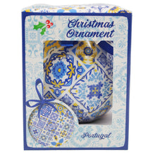 Load image into Gallery viewer, Portugal Christmas Ornament Ball with Blue and Yellow Azulejo Tile Design and Ribbon