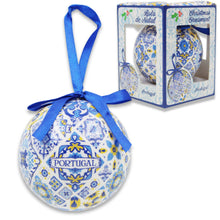 Load image into Gallery viewer, Portugal Christmas Ornament Ball with Blue and Yellow Azulejo Tile Design and Ribbon