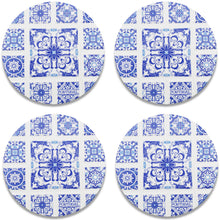 Load image into Gallery viewer, Set of 4 Portuguese Ceramic Coasters with Cork Backing – Blue White Azulejo Tile Design