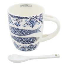 Load image into Gallery viewer, Portuguese Azulejo Style Ceramic Espresso Cup with Spoon - Blue and White Sardine Design