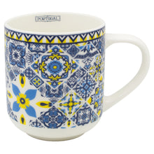 Load image into Gallery viewer, Portuguese Ceramic Mug with Blue and Yellow Azulejo Tile Pattern, 16 oz.