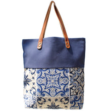 Load image into Gallery viewer, Praceta Lisboa Canvas Tote Bag with Blue Azulejo Tile Design and Leather Straps, Blue Top