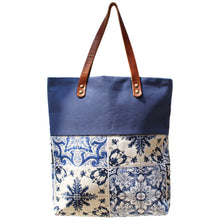 Load image into Gallery viewer, Praceta Lisboa Canvas Tote Bag with Blue Azulejo Tile Design and Leather Straps, Blue Top
