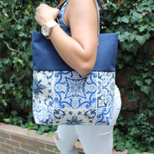 Load image into Gallery viewer, Praceta Lisboa Canvas Tote Bag with Blue Azulejo Tile Design and Leather Straps, Blue Top