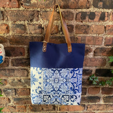 Load image into Gallery viewer, Praceta Lisboa Canvas Tote Bag with Blue Azulejo Tile Design and Leather Straps, Blue Top