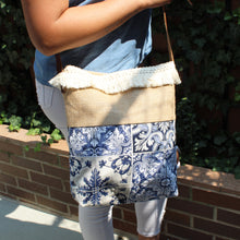 Load image into Gallery viewer, Praceta Lisboa Crossbody Bag with Blue Azulejo Tile Design, Fringe Trim & Adjustable Strap