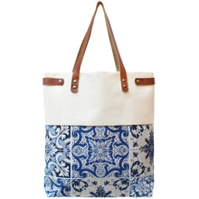 Load image into Gallery viewer, Praceta Lisboa Canvas Tote Bag with Blue Azulejo Tile Design and Leather Straps