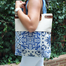 Load image into Gallery viewer, Praceta Lisboa Canvas Tote Bag with Blue Azulejo Tile Design and Leather Straps