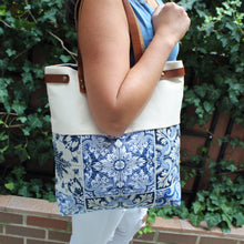 Load image into Gallery viewer, Praceta Lisboa Canvas Tote Bag with Blue Azulejo Tile Design and Leather Straps