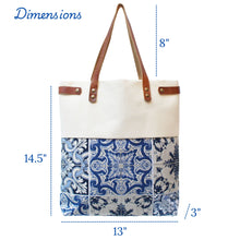 Load image into Gallery viewer, Praceta Lisboa Canvas Tote Bag with Blue Azulejo Tile Design and Leather Straps