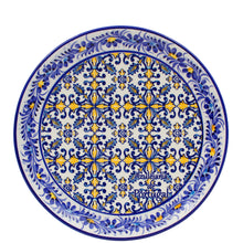 Load image into Gallery viewer, Portuguese Decorative Ceramic Plate – Blue and Yellow Azulejo Tile Center with Hand-Painted Floral Border, 9.75" Diameter
