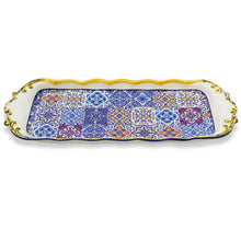 Load image into Gallery viewer, Portuguese Ceramic Serving Tray with Azulejo Tile Design and Hand-Painted Yellow Accents