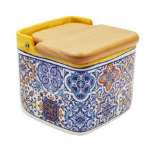 Load image into Gallery viewer, Portuguese Azulejo Ceramic Salt Holder with Wooden Lid, Yellow