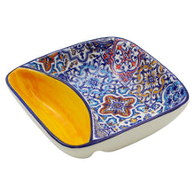 Load image into Gallery viewer, Portuguese Azulejo Ceramic Olive Dish with Pit Holder – Colorful Yellow Tile Pattern