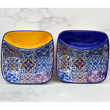 Load image into Gallery viewer, Portuguese Azulejo Ceramic Olive Dish with Pit Holder – Colorful Yellow Tile Pattern