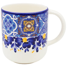 Load image into Gallery viewer, Portuguese Ceramic Mug Set of 2 – Blue Yellow Azulejo Tile and Floral Design