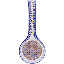 Load image into Gallery viewer, Portuguese Ceramic Spoon Rest – Blue and Orange Azulejo Tile Center with Hand-Painted Floral Border