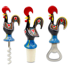 Load image into Gallery viewer, Traditional Hand-Painted Portuguese Good Luck Rooster Bar Set with Corkscrew, Bottle Opener & Stopper