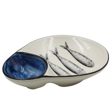 Load image into Gallery viewer, Traditional Blue and White Ceramic Sardine Olive Dish with Pit Holder