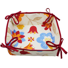 Load image into Gallery viewer, Floral Cotton Bread Basket with Red Ties, 100% Cotton