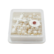 Load image into Gallery viewer, Our Lady of Fatima Rosary – 4mm Pearl Beads with Silver Tone Crucifix and Fatima Medallion