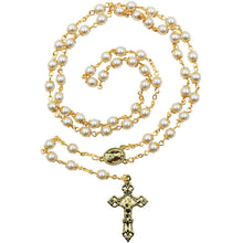 Load image into Gallery viewer, Our Lady of Fatima Rosary – 6mm Pearl Beads with Gold Tone Crucifix and Fatima Medallion