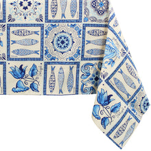 Load image into Gallery viewer, 100% Cotton Tablecloth with Portuguese Azulejo-Inspired Pattern – Decorative Sardine and Floral Designs