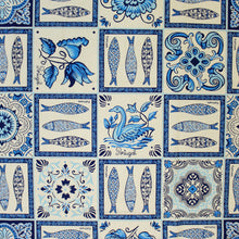 Load image into Gallery viewer, 100% Cotton Tablecloth with Portuguese Azulejo-Inspired Pattern – Decorative Sardine and Floral Designs